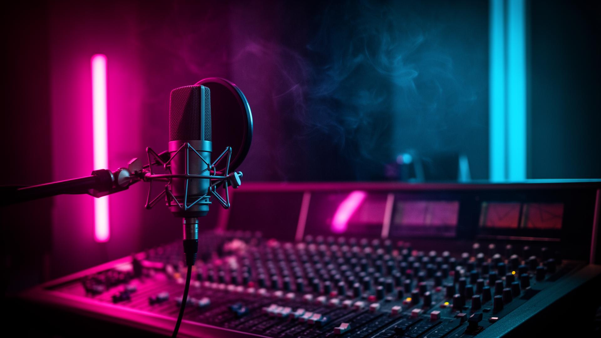 Splash Studios control room with neon lighting
